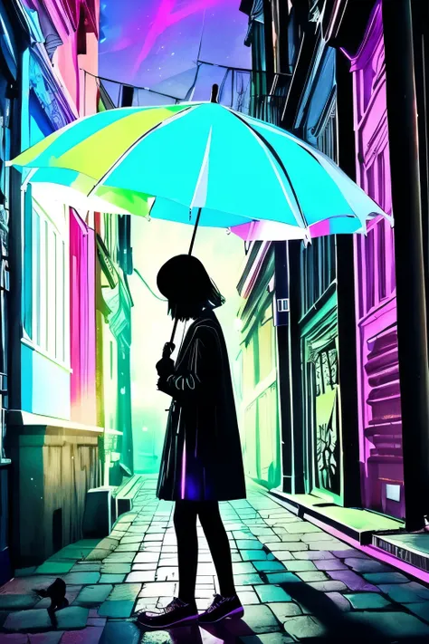 a Girl with umbrella, black shadow, puppy, black paint,luminous design, pastel colours, ink drips, spring lights,background
