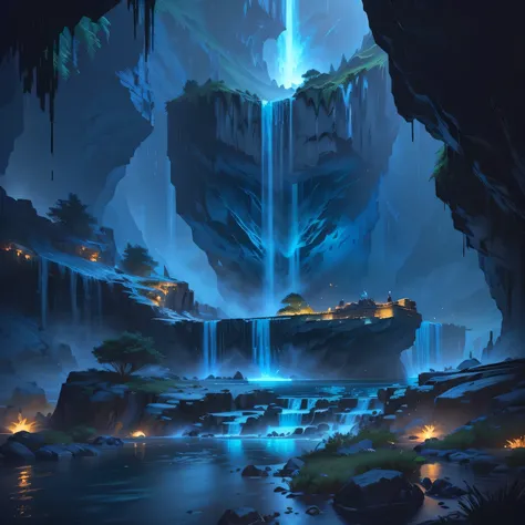 There is a cave，There is a waterfall inside，The waterfall lights up at night, Unreal Engine rendered concept art, Concept art stunning atmosphere, jessica rossier fantasy art, Concept Art 8 K resolution, concept art 8k resolution, Concept Art 8 K, Beautifu...