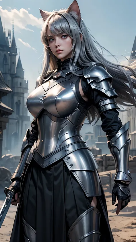 ((Highest quality))、((8K))、((Adventurer))、woman、Big eyes、Double、Soft、大人のwoman、whole body、（sword）、（armor）、((whole bodyarmor))、Cat ear、Gray Hair、long hair、大sword、clergyman、((battlefield))、Big Breasts、Abdominal muscleuscle、Long skirt、