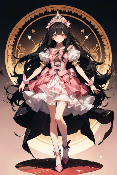 Black hair，Long hair，girl，Standing posture，Pink girl skirt，European Clothing，Magical Girl Costume，High heel，