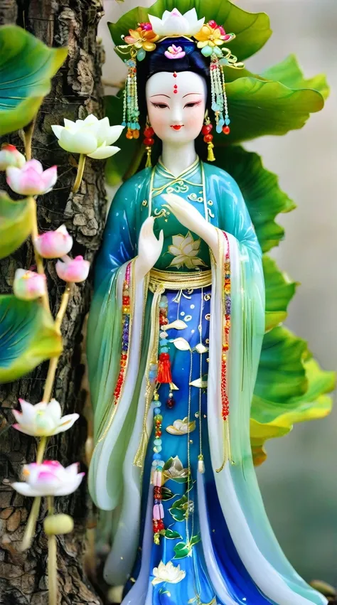 Art jade doll,
A beautiful doll, a Chinese style figure in a green and blue dress with colorful hair accessories standing under a tree, with white lotus flowers on her head and colorful gemstones hanging from her shoulders, a happy expression, exquisite f...