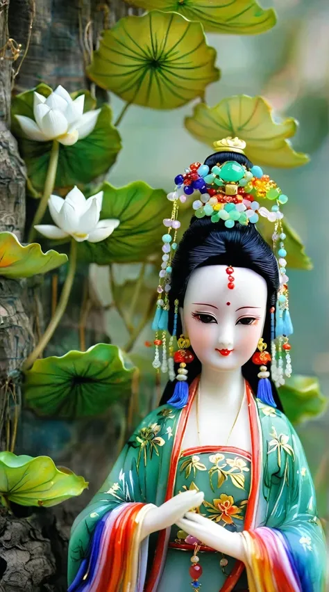 Art jade doll,
A beautiful doll, a Chinese style figure in a green and blue dress with colorful hair accessories standing under a tree, with white lotus flowers on her head and colorful gemstones hanging from her shoulders, a happy expression, exquisite f...