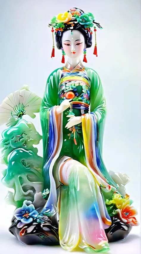 Art  jade doll，
Chinese beauty doll, colorful , glass material, in the style of realistic fantasy artwork, light white and dark emerald green, bright colors, rainbow palette, delicate porcelain skin, full body shot, soft lighting, high definition. 
