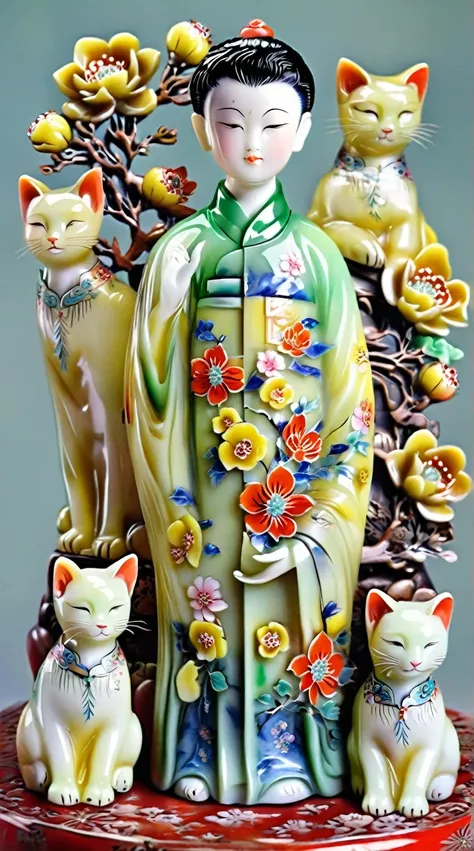 Art jade doll,
A beautiful Chinese boy with short hair and delicate facial features is surrounded by two jade carved cats, with many flowers blooming on the cats bodies. The background color is a pale green light yellow, with a meticulous painting style i...