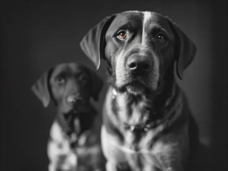 (close-up, editorial photograph of [[a black drahthaar dog, (masterpiece:1.2), wide angle photo]], (background inside dark, mood...