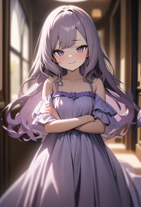 1 girl, ((Girl is short, cute, beautiful and attractive)), ((Girl purple eyes)) ((Girl has very long white hair))((Girl hair is floaty and thick)), ((Girl is wearing a cute light purple dress)), ((Hallway))((Blurry Background)), ((Girl is smirking)), ((Gir...