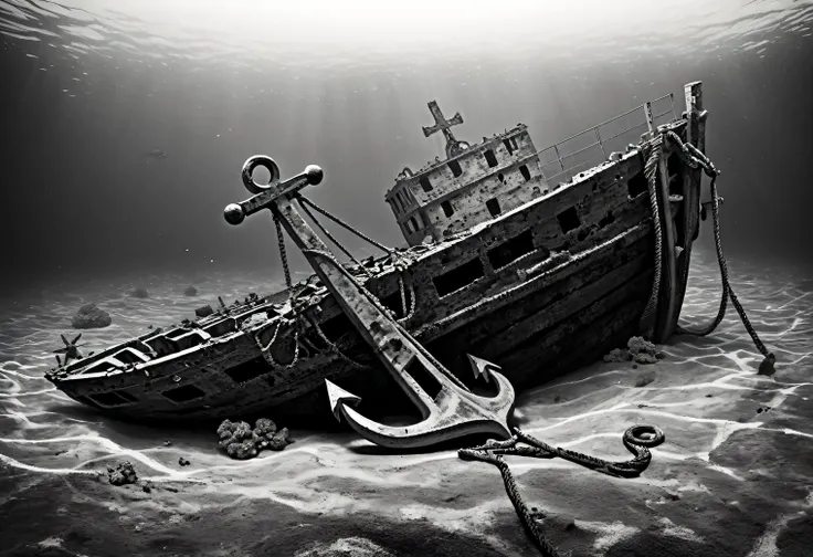 Sea, bottom, anchor, wreck, antiquity, disaster, contrast, forgotten, life, minimalism, graphite, clarity, modern art