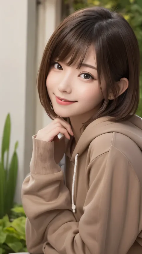 (((garden:1.3, Photographed from the front))), ((brown medium bob:1.3, great style:1.2, shy  smile:1.2, cute color hoodie, japanese woman, cute)), (clean, natural makeup), (highest quality, masterpiece:1.3, super High resolution), (Super detailed, caustics...