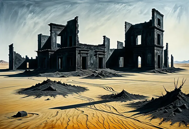 Desert, sand, ruins, dryness, mirage, heat, antiquity, mystery, minimalism, charcoal, clarity, modern art, in detail, avant-garde, illusion, surrealism, volume