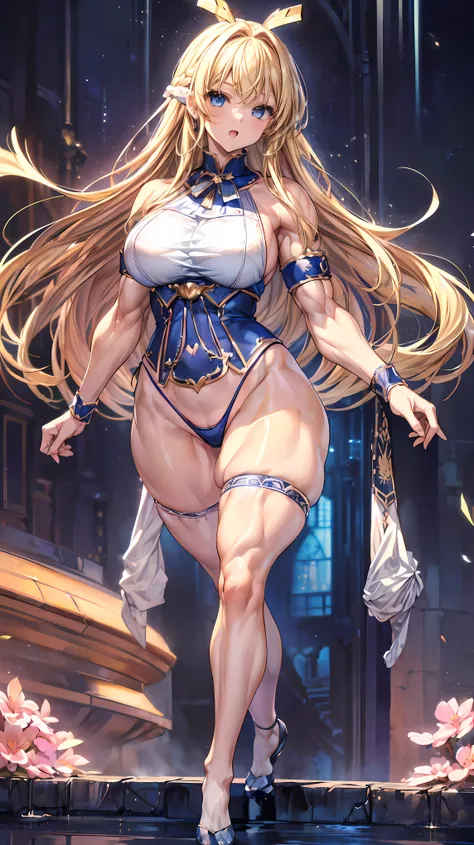 Very detailed、highest quality、Best image quality、masterpiece、8k、Anime Face、A kind smile、(Open your mouth:1.3)、Sparkling blue eyes、(Blonde semi-long hair:1.5)、(Muscles of the whole body:1.3)、(High leg cut panties:2.0)、Thigh belt、(Upper body photo:1.5)、(SFW ...