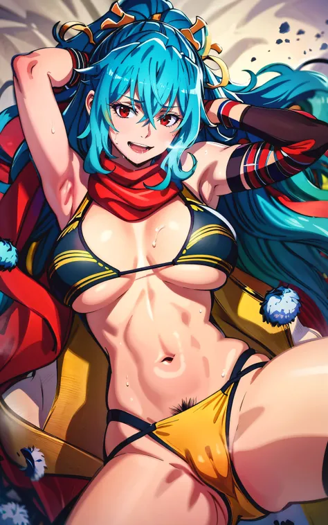 tomoe, aqua hair, long hair, ponytail, red scarf, hair between eyes, curvy, huge breasts, anatomically correct, best quality, masterpiece, high quality, high details, highres, HD, huge breasts, sagging breasts, sweating, armpits, pubic hair peek, sports br...