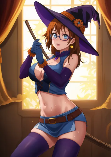 (Masterpiece, Best Quality, High Quality), volumetric lighting, illustration, beautiful, cowboy shot,kousaka honoka, blue eyes,mini skirt, large_breasts, thighhighs, gloves, hat, jewelry, earrings, glasses, belt, star_(symbol), witch_hat, clothes_pull, hal...