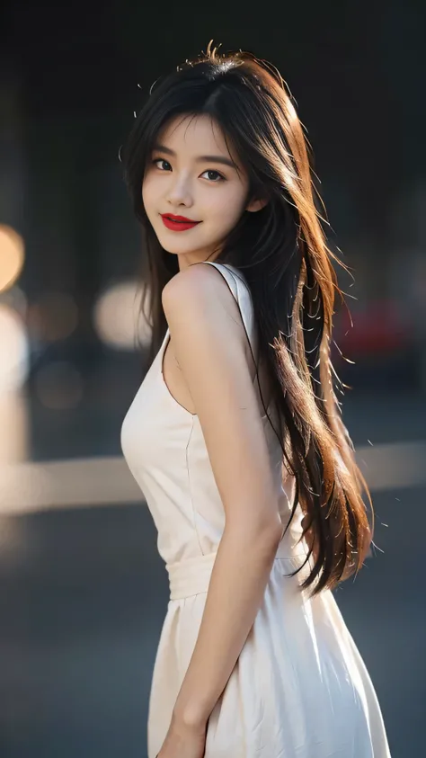 A perfect young female, red lips, Chinese，High picture quality，Works of masters，Black hair，Long hair flowing over the shoulders，Blured background, Real Human，CG rendering，16k，depth of field, movie light, Ray tracing, Stand up， smiles，Do not show your hands...