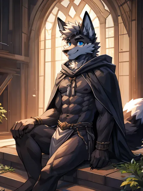 Hairy little fresh meat, teenager, fox, Gray hair, White spiky hair on the head, detailed body ,black fur, black fox,naked,blue eyes, loincloth, cloak,masterpiece, sit down, Brown body hair, Delicate face, Big eyebrows, Delicate eyes, detailed body, No mus...