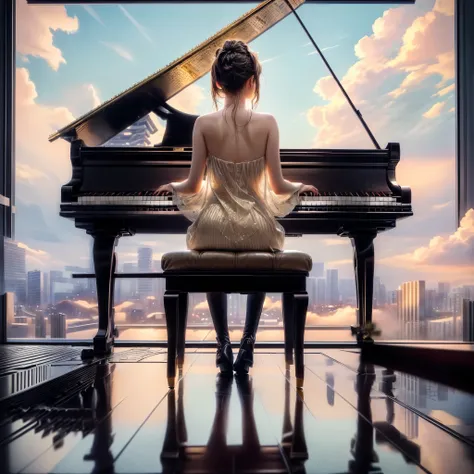 With detailed Tokyo cityscape in the background。There was a woman sitting at the piano gazing at the sky.、In the afternoon light、Beautiful magnificent clouds、There is a beautiful sky。There is sunlight between the clouds。The front of the piano and the parts...