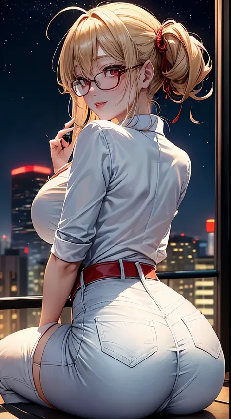 Chinese Idol　((A MILF))　Blonde with bangs　((eye glass))　bright red lips　White button shirt　((Blue Denim Pants))　bbw　Flushed cheeks　((The rooftop of a high-rise building with a beautiful night view of Osaka))　Portrait　Looking at the camera　((Dressing))　Sult...