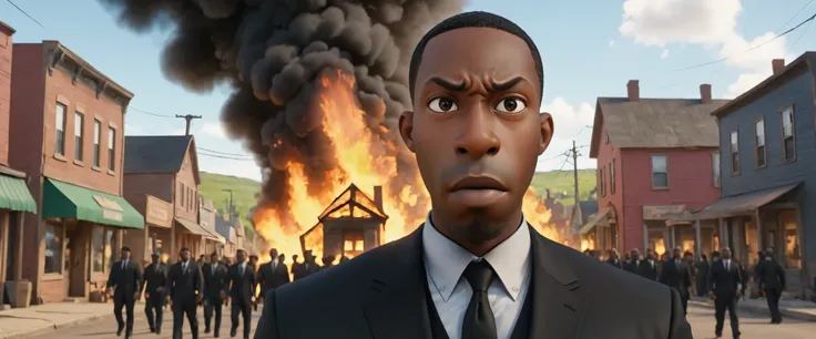 Pixar animation of , shawt , a black man ,in a black suit ,standing towards tthe camera ,in a small town with chaos all around him everywhere h,fire, riots, motion blur (text:"shawt sanders mynded!")
