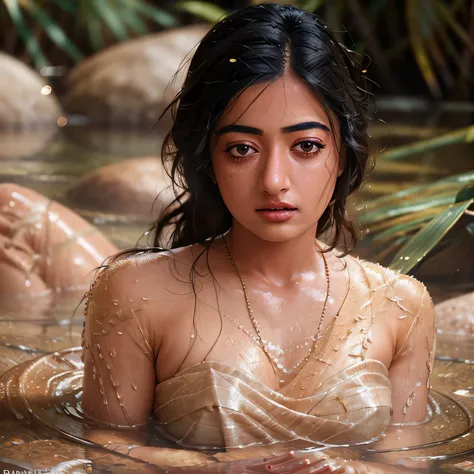 close up portrait of a cute woman (rashmika) bathing naked in a crystal clear river, reeds, (backlighting), realistic, masterpie...