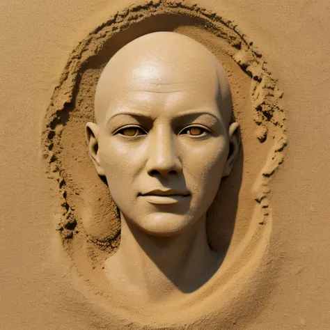 Portrait made of sand, pretty, head made of sand, unknown gender, a bald sculpture, without hair, without identity, empty face, a statue made of sand, sand particles, sandstorm, yellow sand, in the style of photo realistic sculptures, masterpiece, logo, il...