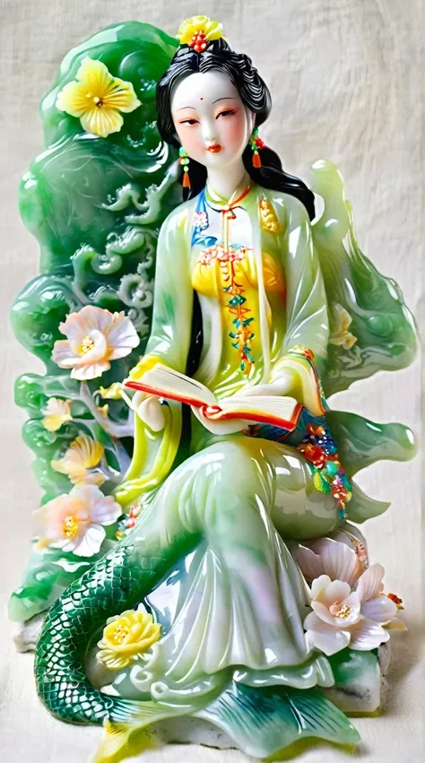 Art jade doll,
A beautiful mermaid made of jade, lying on the bed with her legs crossed and holding a book titled "Remini sunshine" in hand. The background is white, with bright colors and light green tones. It has high details, in the style of a Chinese ...