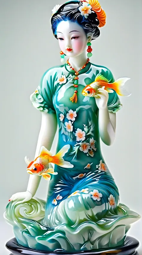 Art jade doll,
Beautiful girl, green jade body, blue glass hair, wearing a cyan dress with a white pattern on it, sitting on the bed, hand holding a fish tail, goldfish floating in water, jade carving, fullbody portrait, colorful details, high-definition ...