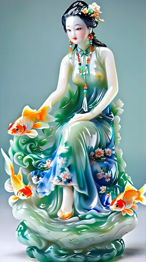 Art jade doll,
Beautiful girl, green jade body, blue glass hair, wearing a cyan dress with a white pattern on it, sitting on the bed, hand holding a fish tail, goldfish floating in water, jade carving, fullbody portrait, colorful details, high-definition ...