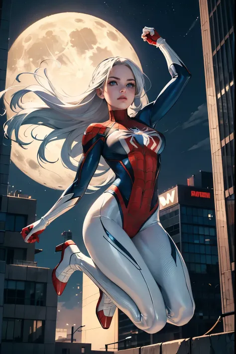(Masterpiece, 4k resolution, ultra-realistic, very detailed), (White superhero theme, charismatic, theres a girl on top of town, wearing Spider-Man costume, shes a superhero), [ ((25 years), (long white hair:1.2), full body, (blue eyes:1.2), ((Spider-Man p...