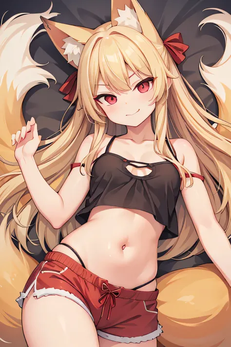 highest quality、Smirking face、Small breasts、belly button、Sole、Fox ears、Long blonde、Red Eye、camisole、Shorts、living