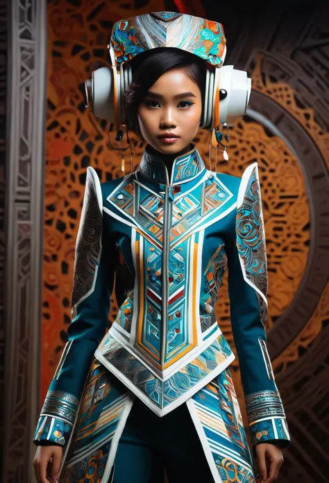 An Indonesian-styled futuristic suit worn by a girl depicting cultural fusion and modern fashion. The suit is adorned with intricate patterns and vibrant colors, showcasing the rich heritage of Indonesia. The girl stands confidently in a dynamic pose, with...