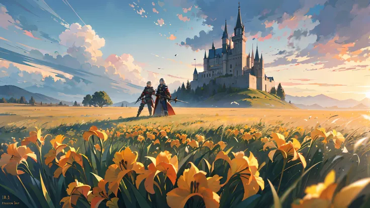 (best quality,4k,8k,highres,masterpiece:1.2),ultra-detailed,realistic,photorealistic:1.37,pristine grassland,dark cloudy sky,distant castle, cliff,gray-haired man,holding a massive battle axe,wearing armor,golden irises gazing into the distant sunset,waves...