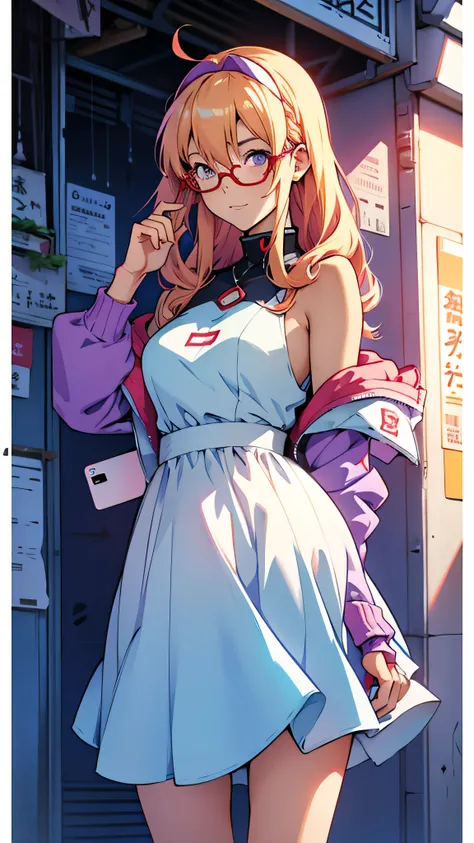 anime,An illustration,purple robot,Mobile Suit,Dom,Light blue check dress,Red glasses,Blonde,Light blue mesh hair,beautiful girl,Sora Sakurano,one person