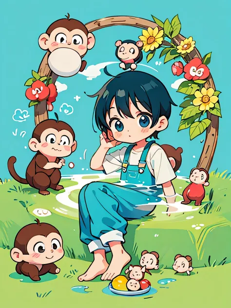 Fujio Akatsuka style, Kawaii Design, Chibi girl monkey, Monkey bathing,