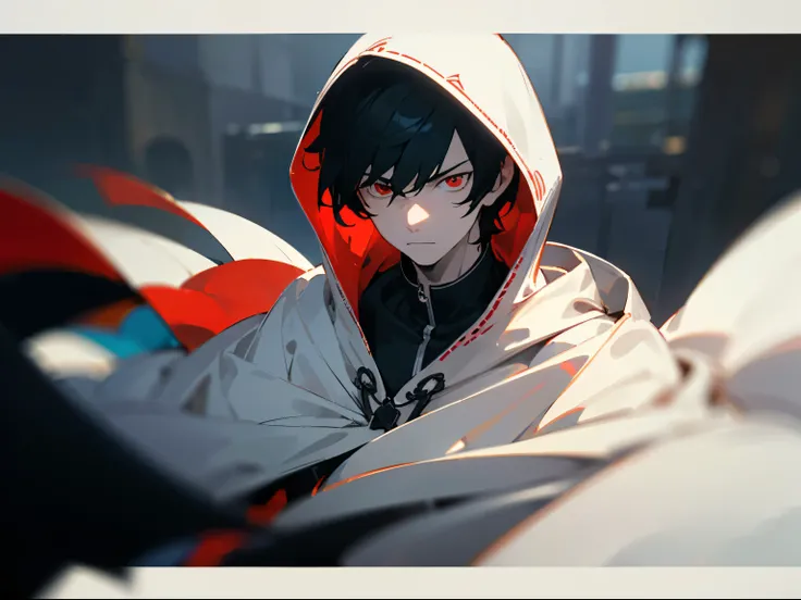 1man, cold, neutral, strict, uncaring expression, straight black hair, short hair, strict, red eyes, mysterious, pale skin, dull colors, cape, hoodie, 29yo, adult face, sharp focus, mature, solo, masculine, blurry foreground, cinematic lighting