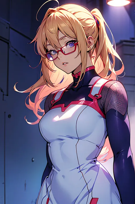 anime,An illustration,purple robot,Mobile Suit,Dom,Light blue check dress,Red glasses,Blonde,Light blue mesh hair,beautiful girl,Sora Sakurano,one person