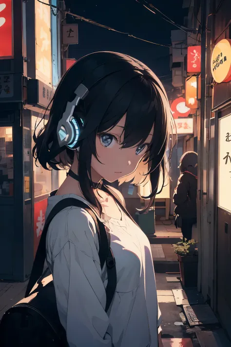 An illustration of a girl listening to music with headphones lost in thought in a room in a house with a view of the neon lights of Tokyo late at night