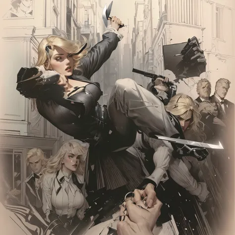 blond woman holding a razor knife. there is a drawing of a man falling and being attacked by blond woman. martin ansin, by Austin Briggs, edmund blair and charlie bowater, adam hughes, inspired by Charles Dana Gibson, by José Comas Quesada, by Róbert Berén...