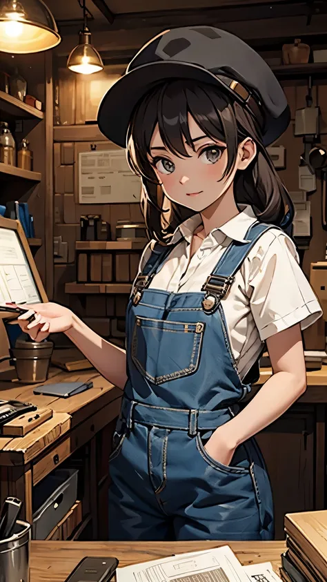 steampunkai。highest quality。Masterpiece。Detailed details。One Girl。Engineer Girl。Engineer hat。Overalls。A room in the workshop。Standing next to the mysterious machine tool。One hand resting on a desk cluttered with measuring equipment and drawings。See who&#39...