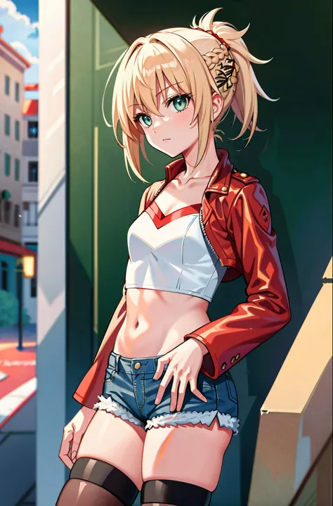 masterpiece, best quality, illustration, city street, 1girl, mordred \(fate\), cowboy shot, collarbone, detailed blond hair pony...