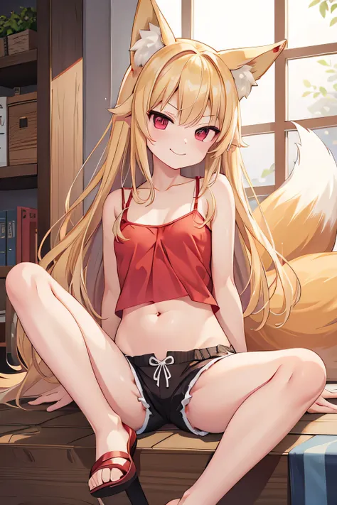 highest quality、Smirking face、Small breasts、belly button、Sitting、Fox ears、Long blonde、Red Eye、camisole、Shorts、living