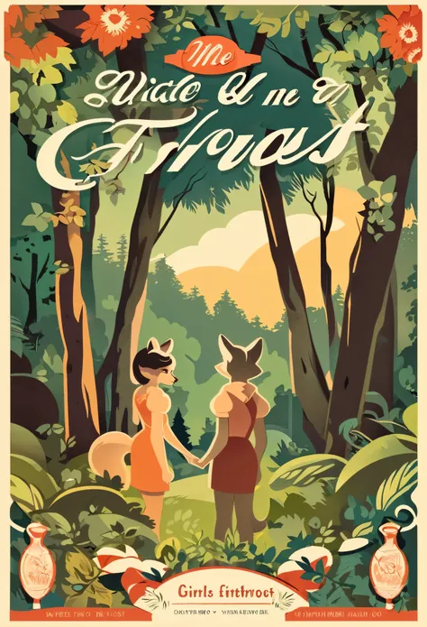 cover page, ephemera, label, retro, Vintage, A girl and a wolf meet in the forest, flat Design, vector illustrations, graphic illustration, detailed 2d illustration, flat illustration, digital illustration, digital artwork,