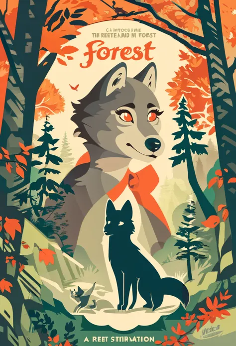 cover page, ephemera, label, retro, Vintage, A girl and a wolf meet in the forest, flat Design, vector illustrations, graphic illustration, detailed 2d illustration, flat illustration, digital illustration, digital artwork,