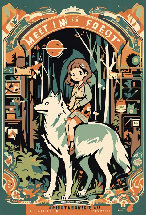 cover page, ephemera, label, retro, Vintage, A girl and a wolf meet in the forest, flat Design, vector illustrations, graphic illustration, detailed 2d illustration, flat illustration, digital illustration, digital artwork,