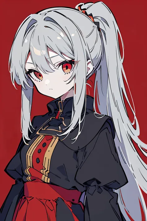 masterpiece, high quality, hcnone, pixel art, one girl, gray hair, ponytail, red gothic dress, simple golden background, death g...