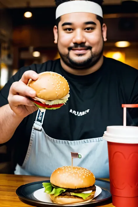 Fat man holding a burger in each hand at McDonald&#39;s、Fat men、Painful expression、Dim atmosphere