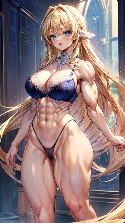 Very detailed、highest quality、Best image quality、masterpiece、8k、Anime Face、A kind smile、(Open your mouth:1.3)、Sparkling blue eyes、(Blonde semi-long hair:1.5)、(Muscles of the whole body:1.3)、(High leg panties:2.0)、Thigh belt、(Upper body photo:1.7)、(SFW Gian...