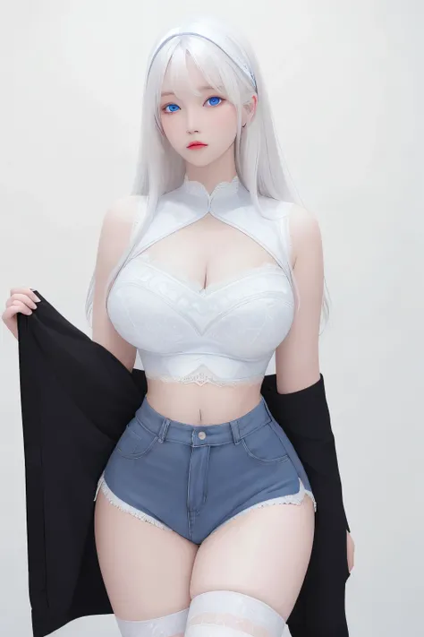 photorealistic, high resolution, 1 girl, white hair, korean, blue eyes, white sexy lace shirt, lace skimpy tight black shorts, thick thighs, lace crop top sexy