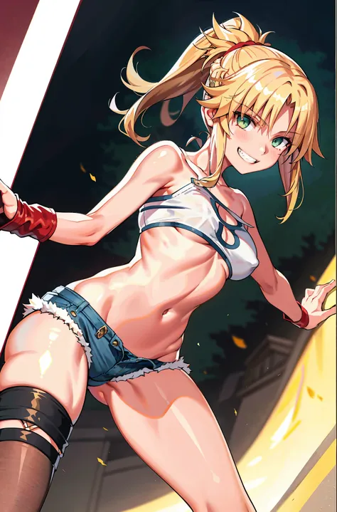 Masterpiece, Best Quality, illustration, city street, 1girl, Mordred (fate), cowboy shot, collarbone, Detailed blond hair ponytail braid, green eyes, Red leather jacket, White short blouse, denim shorts,navel,thigh-high,grin,covered_nipples, covered_pussy,