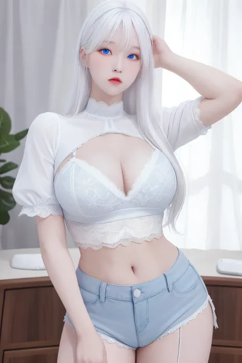 photorealistic, high resolution, 1 girl, white hair, korean, blue eyes, white sexy lace shirt, lace skimpy tight black shorts, thick thighs, lace crop top sexy