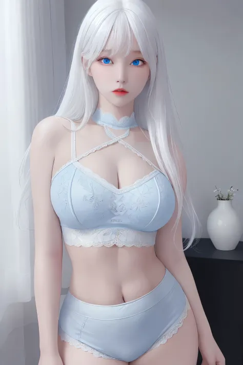 photorealistic, high resolution, 1 girl, white hair, korean, blue eyes, white sexy lace shirt, lace skimpy tight black shorts, thick thighs, lace crop top sexy