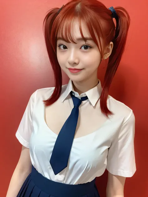 (highest quality、Red Hair、8k、32k、masterpiece、Hmph:1.2)、sexy、17 years old、Cute Japanese Women Photos、Twin tails、thin、slender、(Bobcut)、(Small Tits)、double eyelid、 Red open front shirt、Navy blue tie、You can see her underwear faintly、Red mini skirt、Thighs、Ligh...